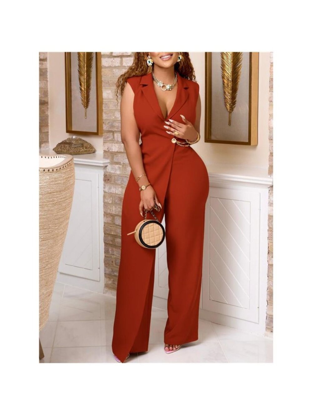 Full Size Asymmetrical Sleeveless Blazer Style Wide Leg Jumpsuit Plus Size